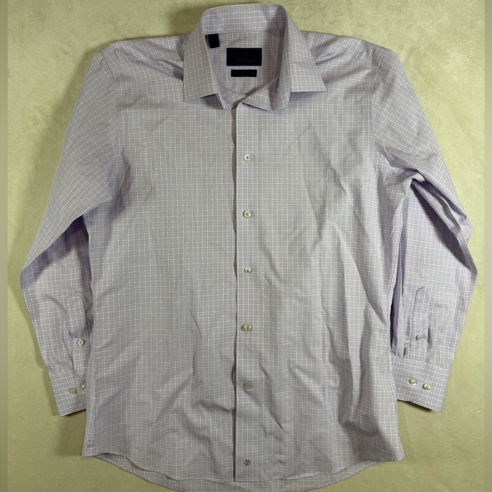 David Donahue 16 32/33 Light Blue Plaid Cotton Non-Iron Trim Fit Dress Shirt